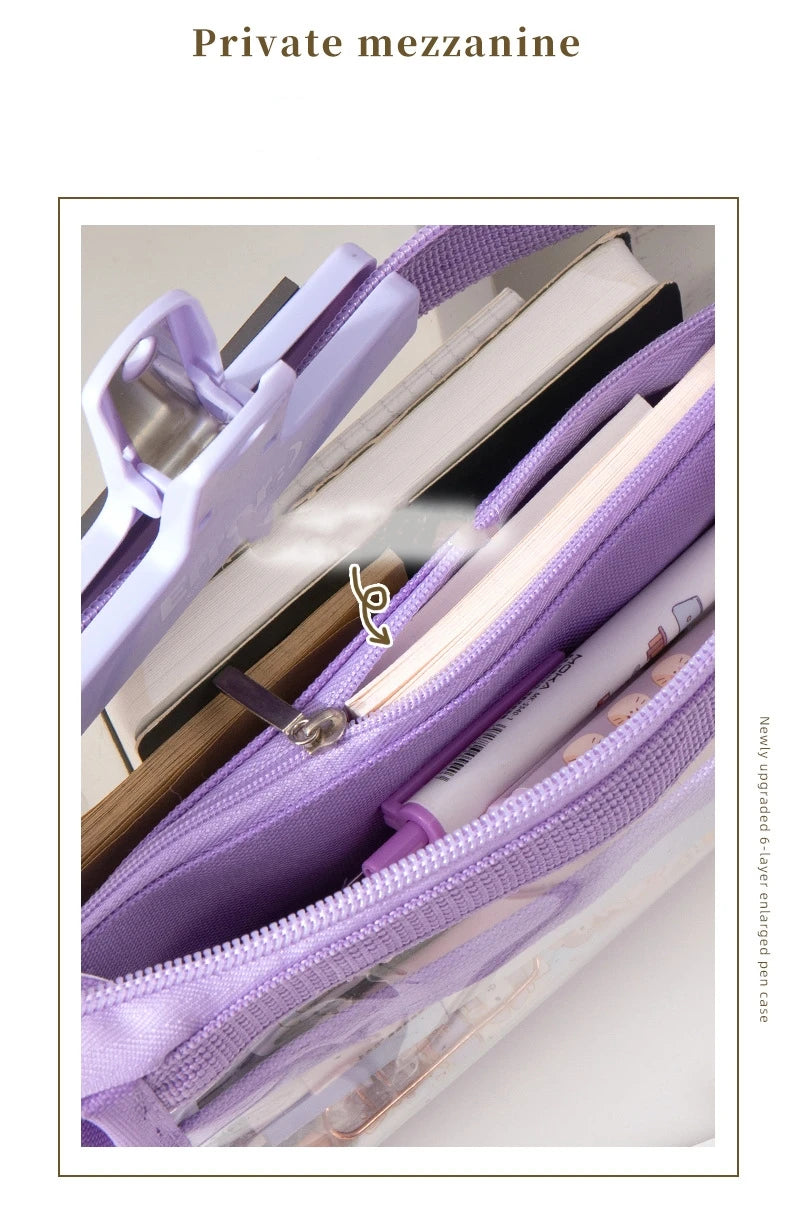 6-layer PVC transparent pencil bag Student Large capacity stationery bag School supplies storage bag Waterproof color pen case