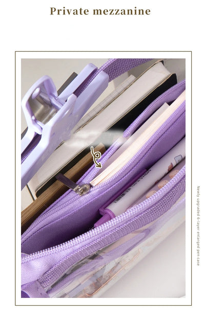 6-layer PVC transparent pencil bag Student Large capacity stationery bag School supplies storage bag Waterproof color pen case