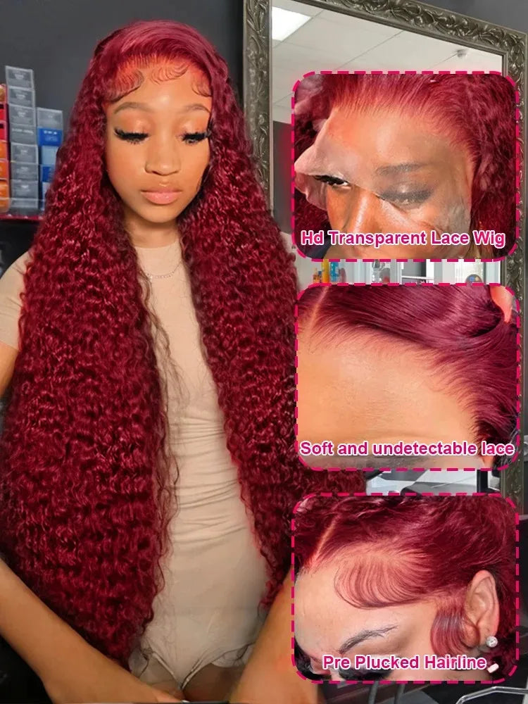 Curly 99J Burgundy 30 Inch Deep Wave 13x4 Lace Front Wig Wet And Wavy Red Colored wigs HD Lace Frontal 100% Human Hair Wigs