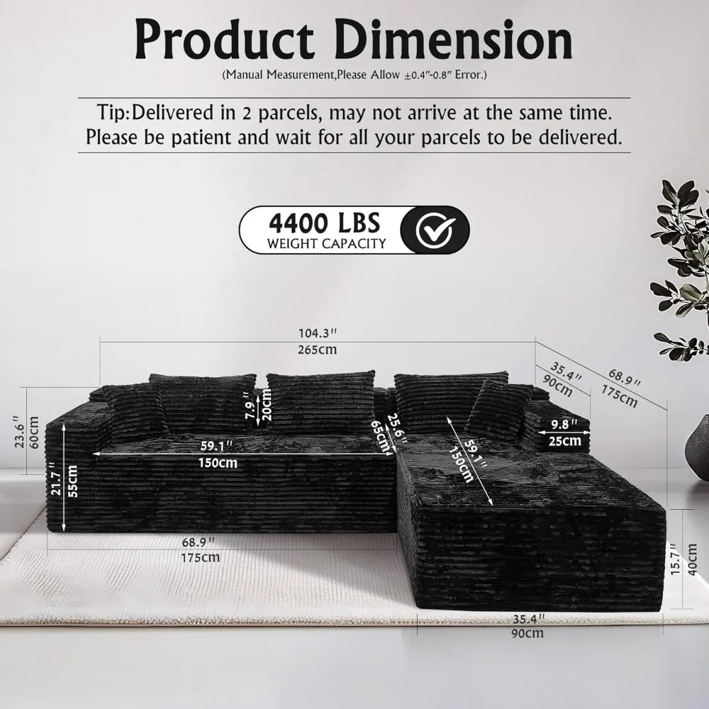 104" Black Corduroy L-Shaped Sectional | Cloud Sofa • Deep Seat • No Assembly | Modern Modular Living Room