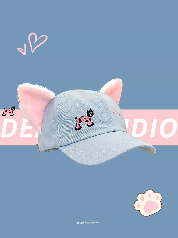 Y2g Sweet Cute Light Blue Cat Stuffed Ears Embroider Baseball Cap Female Easiest for Match Face-Looking Small Peaked Cap