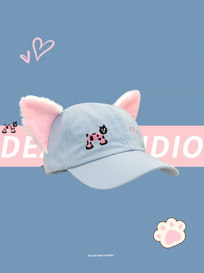 Y2g Sweet Cute Light Blue Cat Stuffed Ears Embroider Baseball Cap Female Easiest for Match Face-Looking Small Peaked Cap