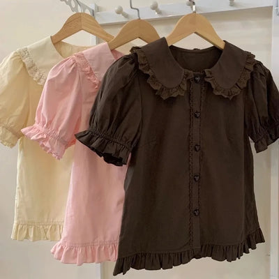 Puff Short Sleeve Lace Ruffles Blouse