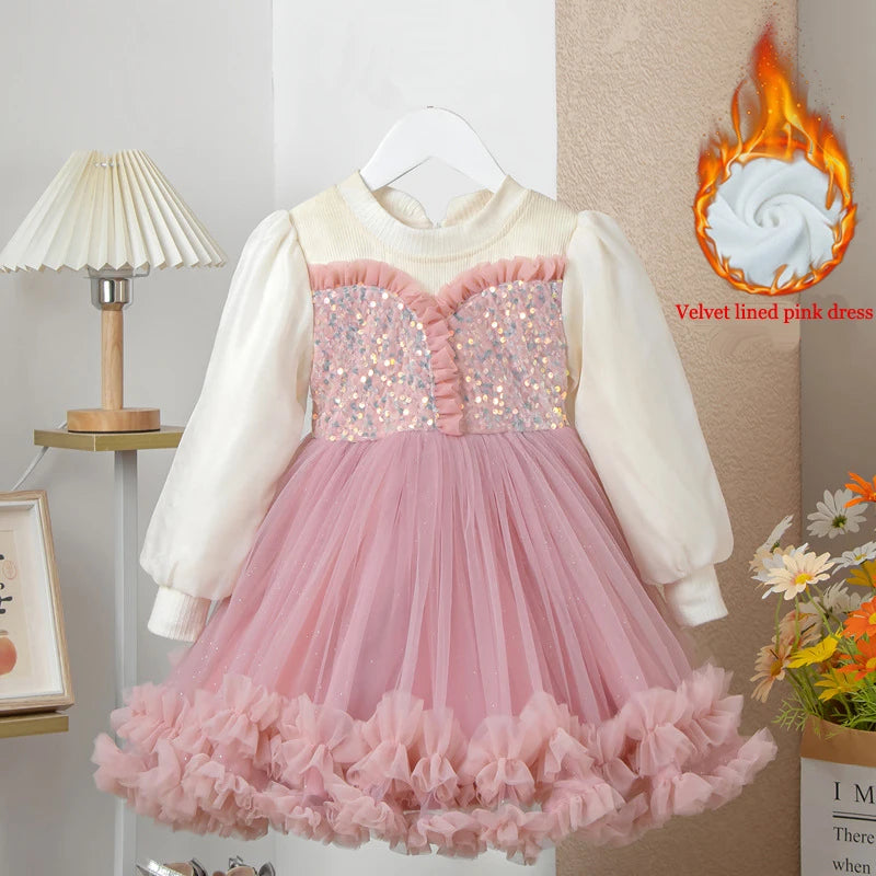 Young Girl Spring  Autumn 2025 New Style Pink Casual Dress Birthday Party Dresses for Girls Purple Fluffy Dress 2-10 Years Old