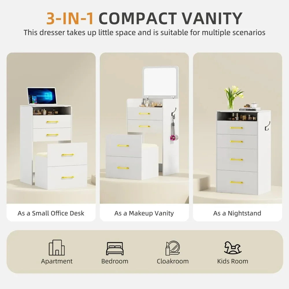 3 in 1 Vanity Desk with Flip Top Mirror,Small Make Up Vanity Set with Visible Glass Desktop,Compact Makeup Vanity with 3