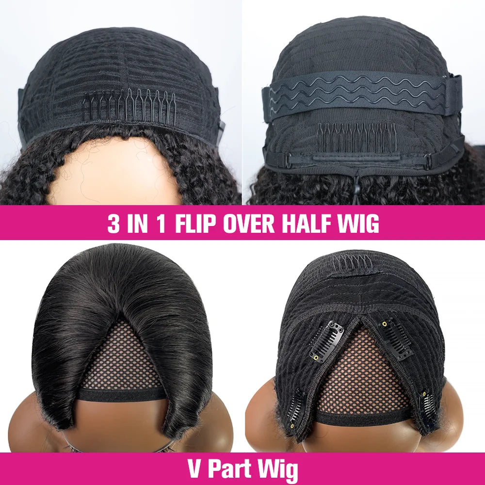 Kinky Straight 3 In 1 Half Wigs 100% Human Hair Brazilian Glueless Seamless Flip Over Yaki Straight V Part Wig Beginner Friendly