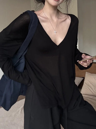 Women Oversized T Shirt Spring Summer V-neck Casual Fashion Loose Thin Long Sleeve Top Pullovers Chic White See Through T-shirt
