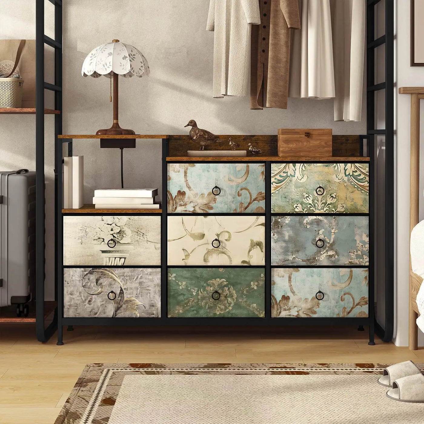 Chest of Drawers with 8 Fabric Drawer Sideboard Storage Cabinet for Kitchen Office with Charging Sockets Steel Frame 132x88x30cm