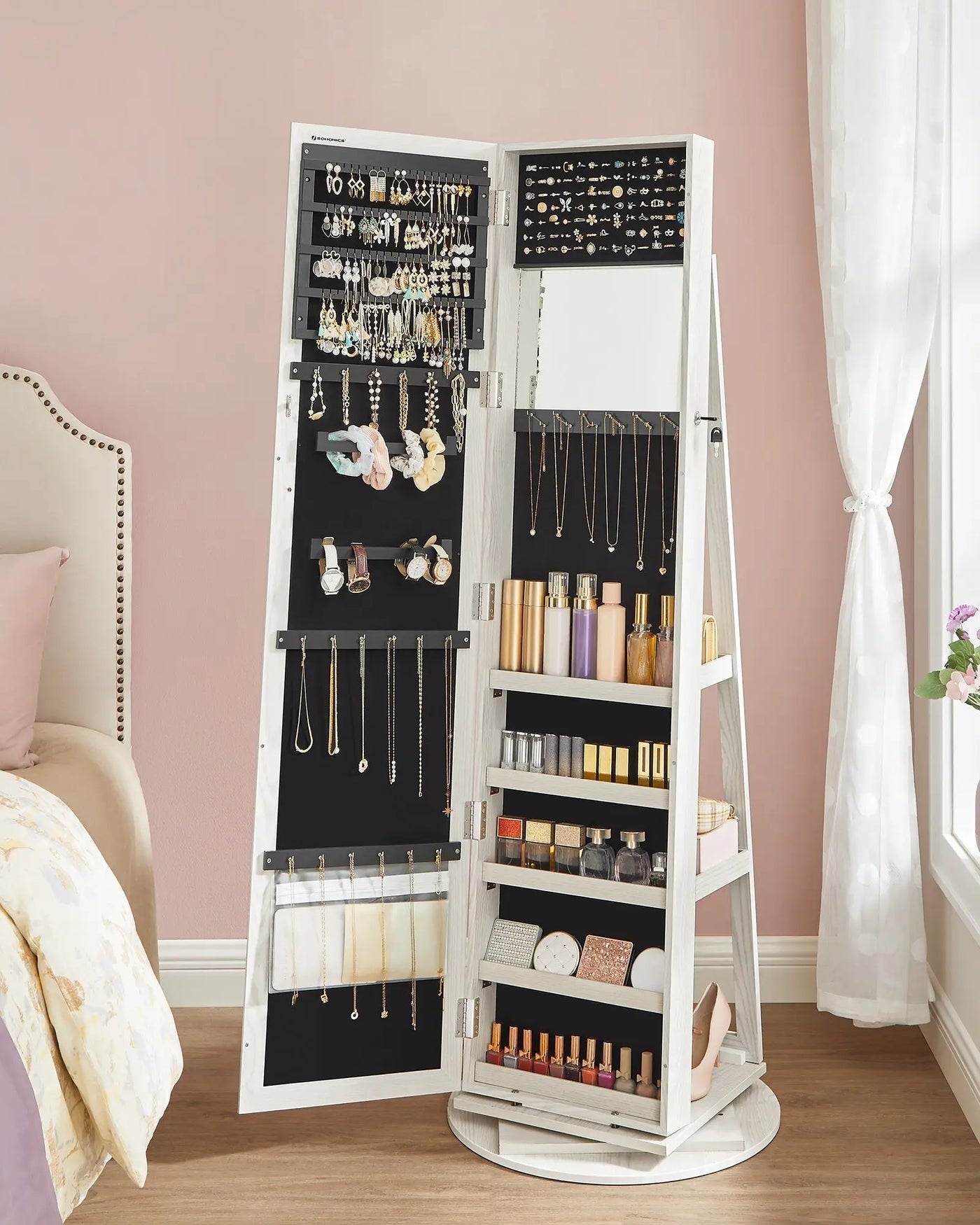 360 ° Rotatable jewelry storage Lockable Jewelry Cabinet Mirror Cabinet with Full Body Mirror