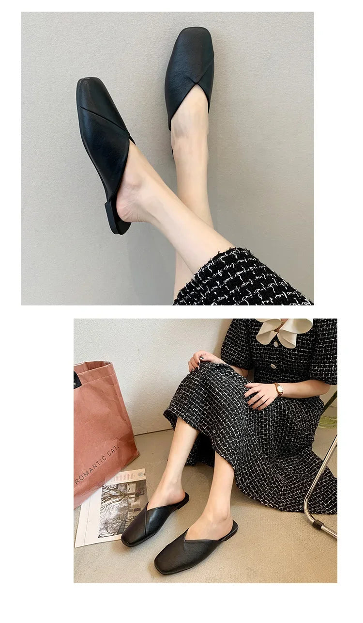 Women Mules 2024 Summer Elegant Square Closed Toe Flat Slippers Female Shoes Casual Leather Black White Slides Plus Size 35-43