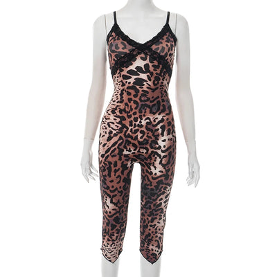 CUTENOVA New Women'S Leopard Print Lace Trim Patchwork Camisole Jumpsuit Bodycon Seven Points Jumpsuit Fashion Streetwear Romper
