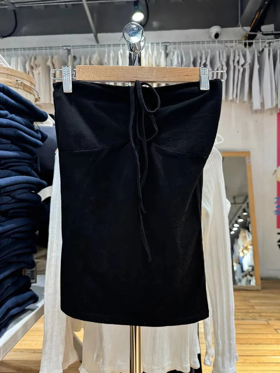 Solid Cotton Drawstring Strapless Tank Tops Women Streetwear Side Split Slim Cropped Vest Summer Sweet Vintage Chic Camis Y2K