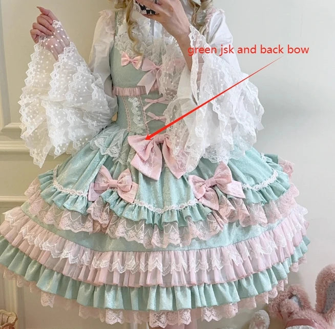 Original Lolita Dress Set Doll Feeling Girl Women's Sweet Jsk Suspender Dress Princess Fairy Lace Bow Sling Cake Dresses