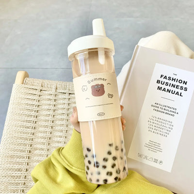 500ml 850ml Large Capacity Cartoon Bear Water Bottle Plastic Drinking Cups Juice Milk Tea Coffee Straw Cups for Students