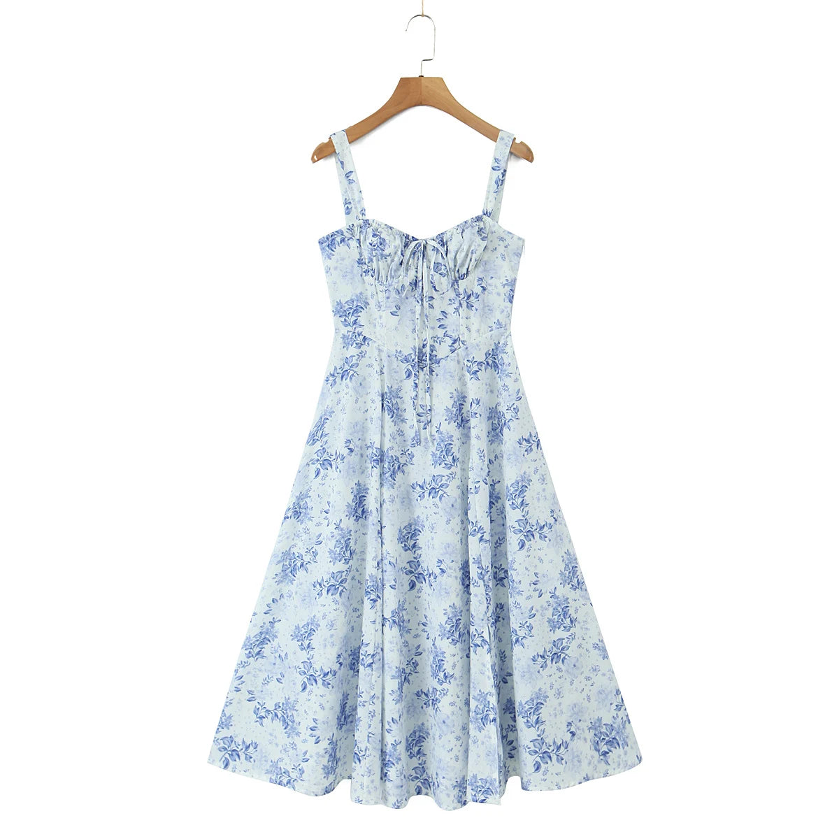 2023 Sexy Ruched Chest Blue White Flower Print Corset Style Sling Dress Cross Lacing up Bandage Back Hem Slit A-Lined Midi Robe