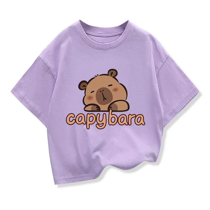 Capybara Print 100%Cotton t shirt For Kids Boy 3-12Years Anime Cute Capibara Short-sleeved Tees Tops Tshirt y2k Girl Clothes
