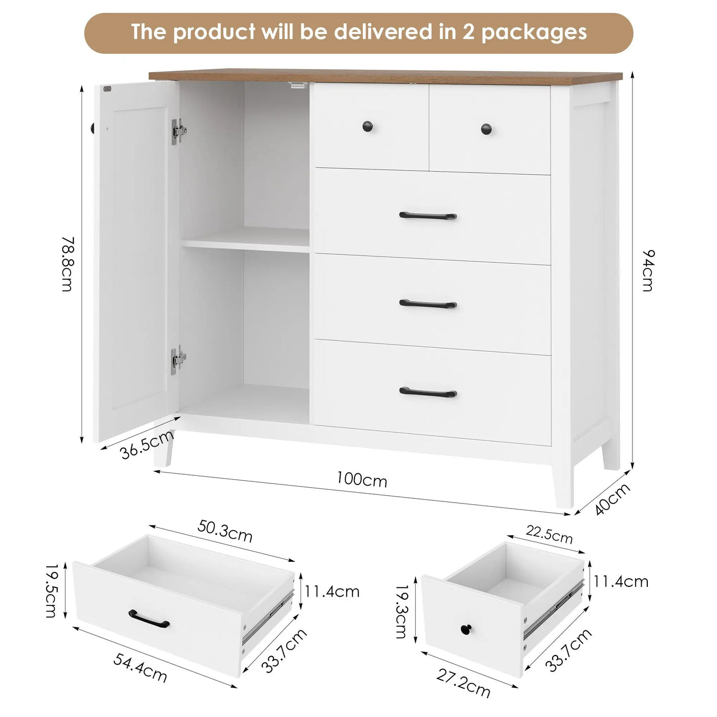 Sideboard, kitchen wardrobe with 5 drawers and 1 door, buffet wardrobe with work plate for kitchen, dining room, living room, hallway