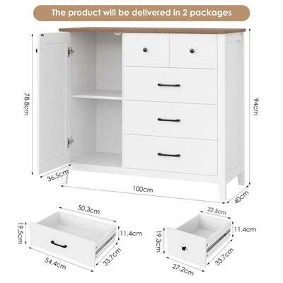 Sideboard, kitchen wardrobe with 5 drawers and 1 door, buffet wardrobe with work plate for kitchen, dining room, living room, hallway