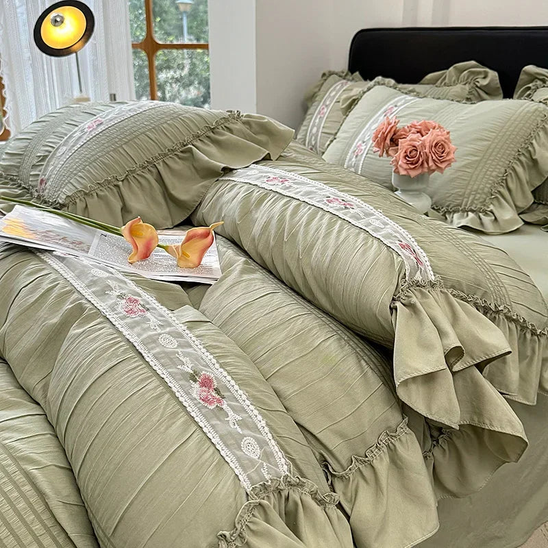 2025 Korean Princess Style Lace Ruffles Wedding Bedding Set Washed Cotton Soft Duvet Cover Set Bed Sheet Pillowcase 3/4Pcs