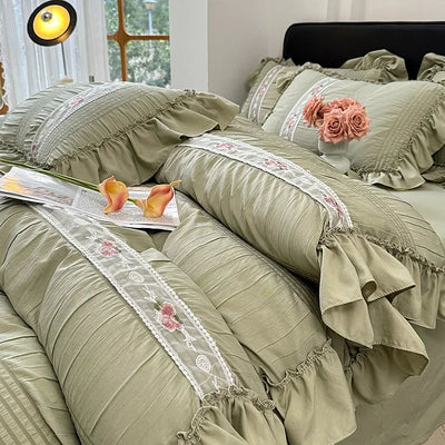 2025 Korean Princess Style Lace Ruffles Wedding Bedding Set Washed Cotton Soft Duvet Cover Set Bed Sheet Pillowcase 3/4Pcs