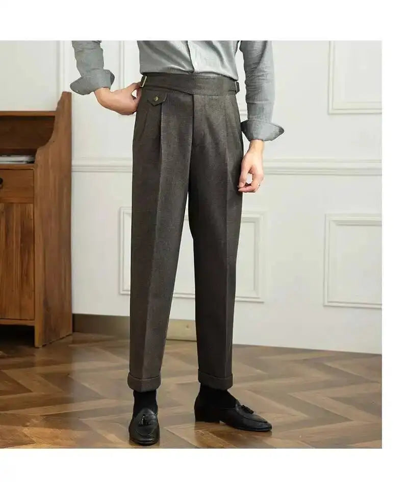 2023 Autumn Winter Men's Warm Retro Straight Trouser Male Casual British High Waist Pants Office-trousers Dress Pant Trousers