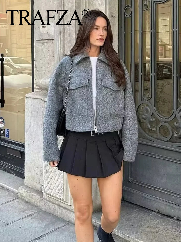 TRAFZA Women Vintage Casual Chic Solid Jackets Turn-down Collar Pockets Zipper Long Sleeve Coats Female Fashion 2024 Spring Coat
