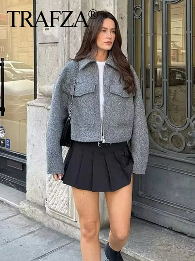 TRAFZA Women Vintage Casual Chic Solid Jackets Turn-down Collar Pockets Zipper Long Sleeve Coats Female Fashion 2024 Spring Coat