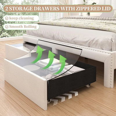 Queen LED Bed Frame with 2 Drawers, Modern Platform Beds with 2 Tier Linen Upholstered Storage Wingback Headboard, Channel