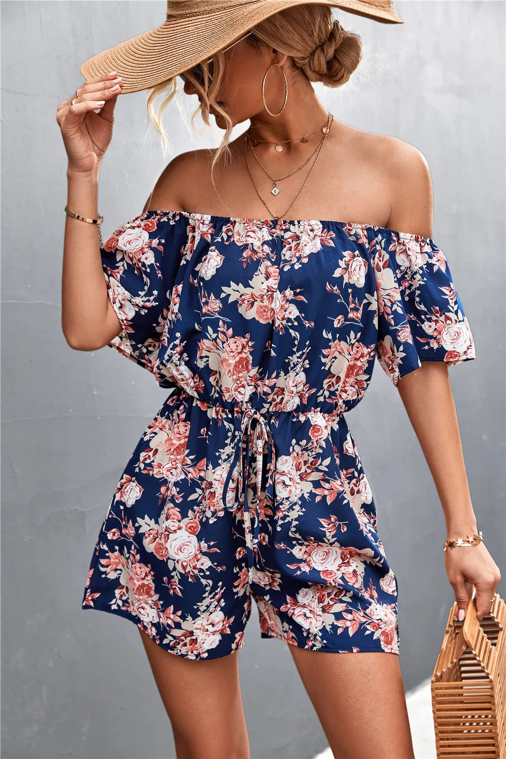 Summer Woman Playsuits Flowers Printed Sexy Off Shoulder Slim Romper Jumpsuit Women Short Sleeve Holiday Beach Playsuit