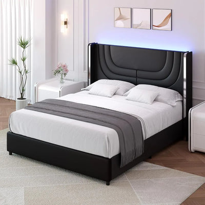 Queen Bed Frame with LED Lights, Faux Leather Upholstered Platform with Silver Wingback Headboard, Modern Style