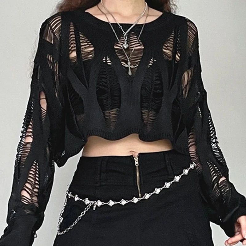Hollow Ripped Long Sleeve Crop Top