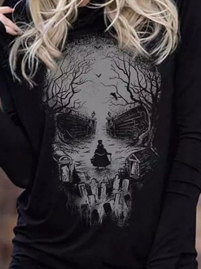Women s Long Sleeve Halloween Skull Print Hooded Hoodies Shirts Spring Fall Casual Tops Streetwear Fashion Pullover Sweatshirt