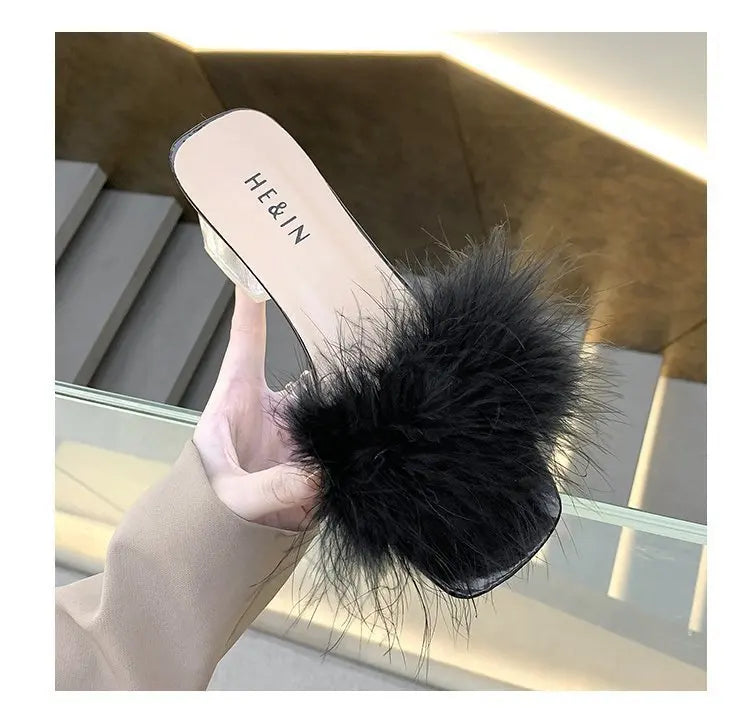 Mules Sandal Women Summer Outdoor Fashion Slippers Square Toe High Heels Office Ladies Feather Slides Chic Classics Furry Shoes