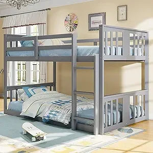 Low Bunk Beds Twin XL Over Queen Floor Bunk Bed with Ladder and Guardrail Wood Detachable Bunk Bed Frame for Boys, Girls, No Spr