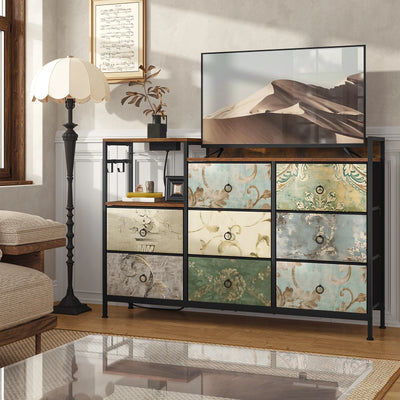 Chest of Drawers with 8 Fabric Drawer Sideboard Storage Cabinet for Kitchen Office with Charging Sockets Steel Frame 132x88x30cm