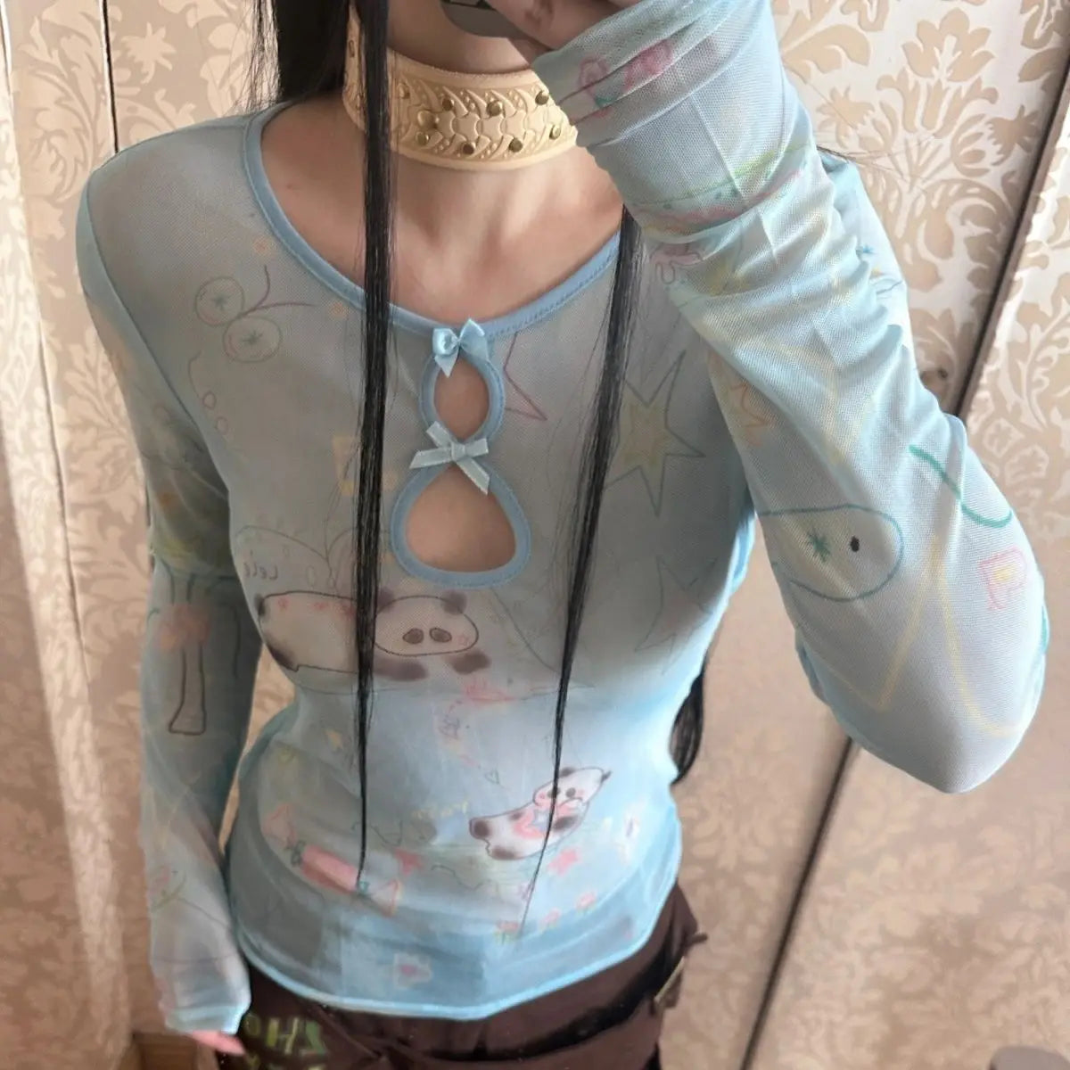 Yedinas Y2k Blue Mesh Tops Long Sleeve T Shirt Women Clothes Slim Spring Tops See Through Sheer Tshirts Grunge Aesthetics Tees