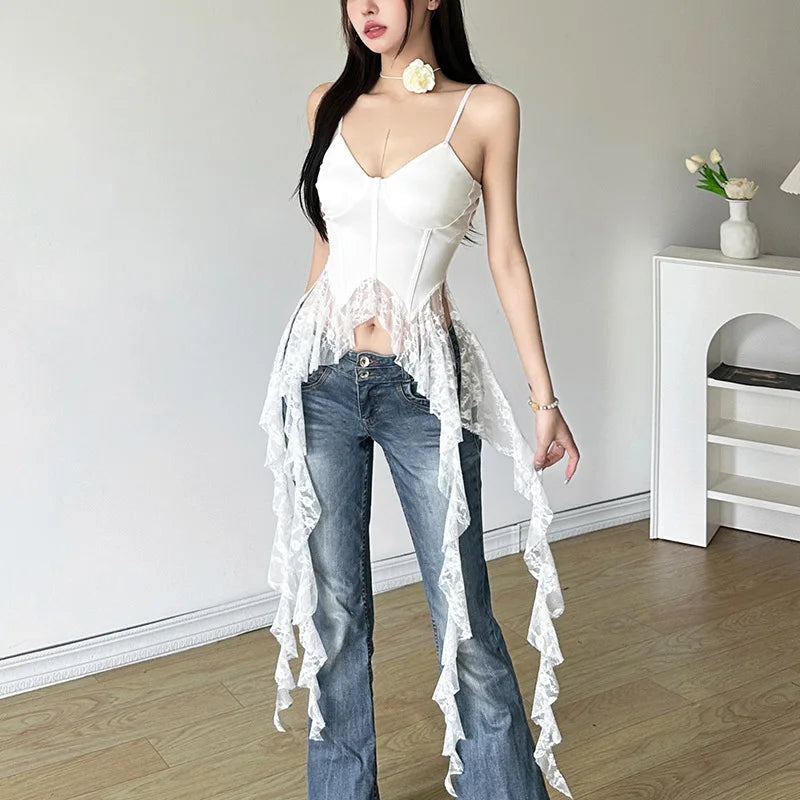 2025 Y2k Aesthetic Irregular Lace Ruffled Tank Top Women Sexy Skinny Design Corset Stretch Tube Streetwear Bandage Grunge Tanks