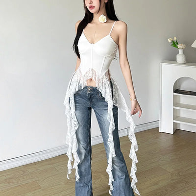 2025 Y2k Aesthetic Irregular Lace Ruffled Tank Top Women Sexy Skinny Design Corset Stretch Tube Streetwear Bandage Grunge Tanks