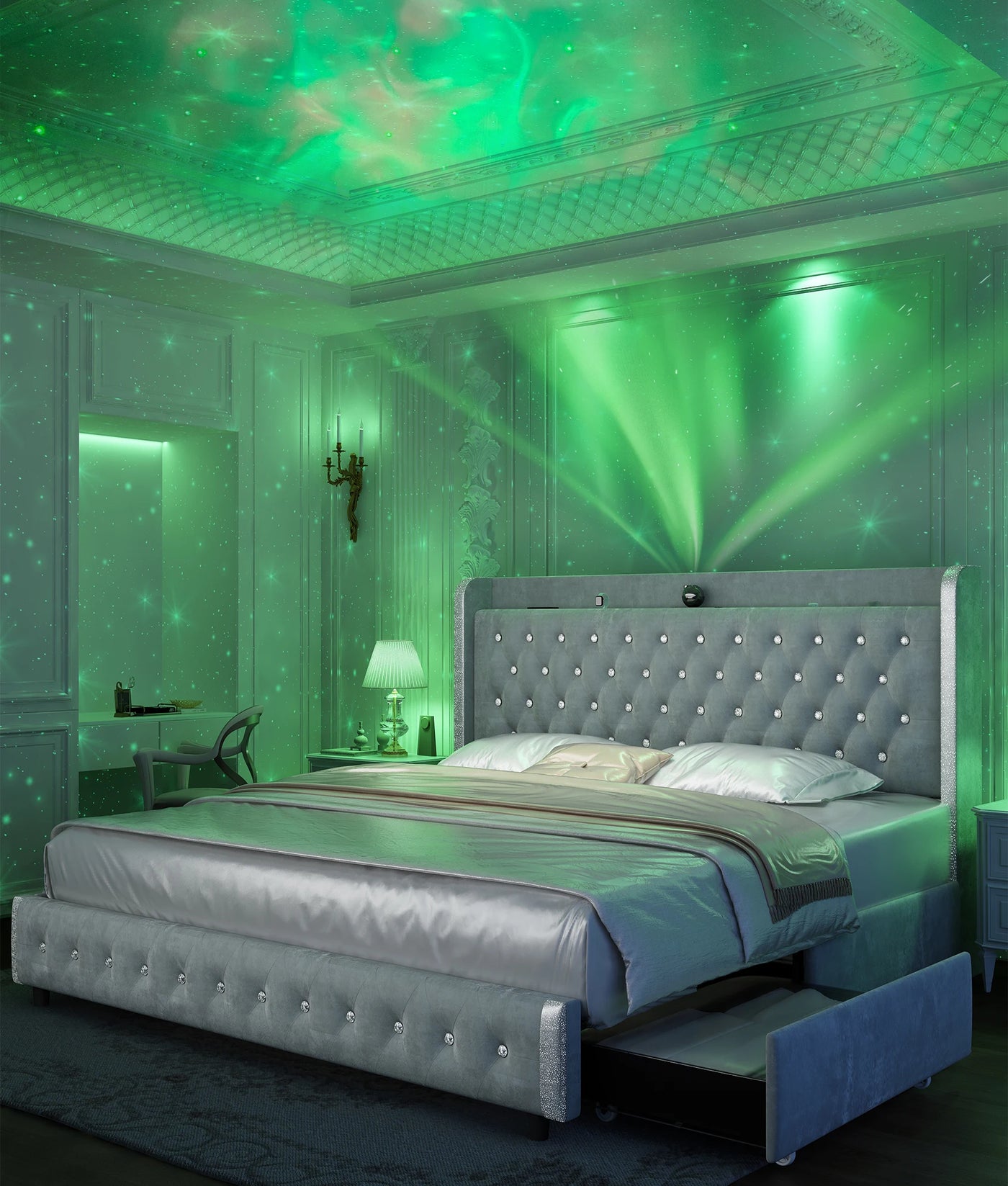 Queen LED Bed Frame with Galaxy Projector, Bluetooth Speaker, USB Ports, 4 Drawers, No Box Spring Needed, PU Black
