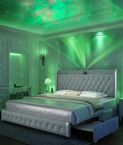 Queen LED Bed Frame with Galaxy Projector, Bluetooth Speaker, USB Ports, 4 Drawers, No Box Spring Needed, PU Black