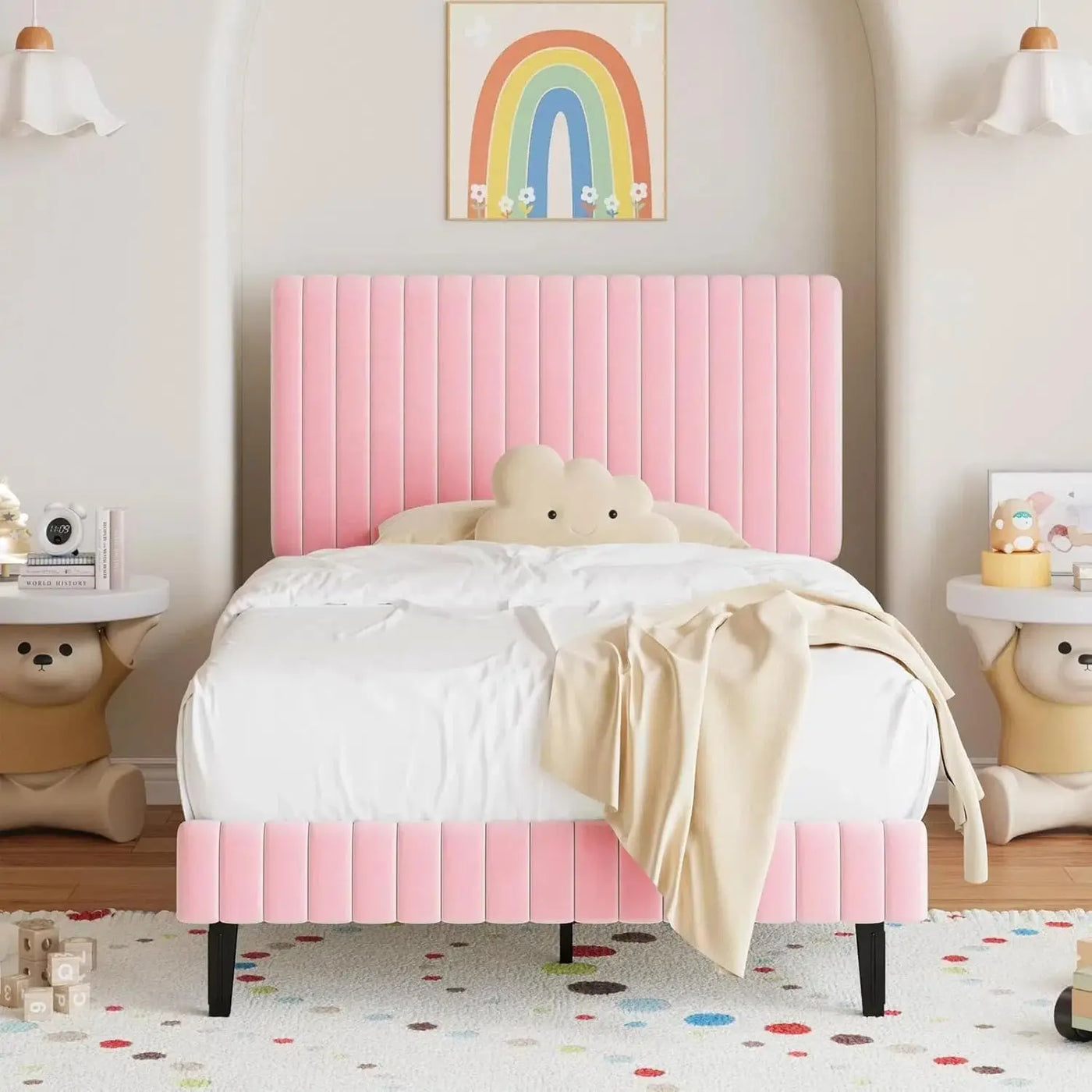 Twin Bed Frame, Velvet Upholstered Platform Bed with Vertical Channel Tufted Headboard and Footboard, No Box Spring Required