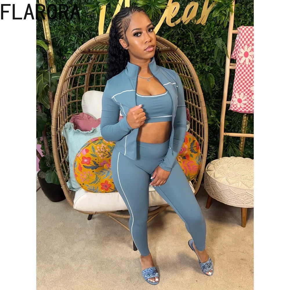 FLARORA Casual Sporty Three Piece Sets Woman Stripe Patchwork Sleeveless Vest+Jacket+Pant Outfits Female Yoga Fitness Tracksuits