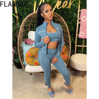 FLARORA Casual Sporty Three Piece Sets Woman Stripe Patchwork Sleeveless Vest+Jacket+Pant Outfits Female Yoga Fitness Tracksuits