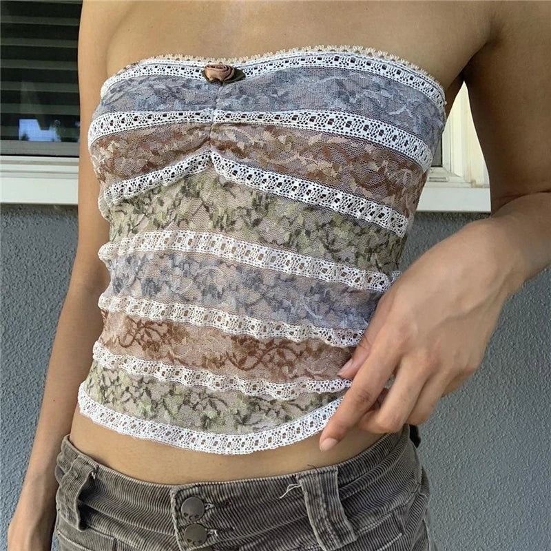 Xingqing y2k Off Shoulder Top Women Fairy Grunge Clothes Summer Sleeveless Lace Trim Patchwork Strapless Tshirt 2000s Streetwear