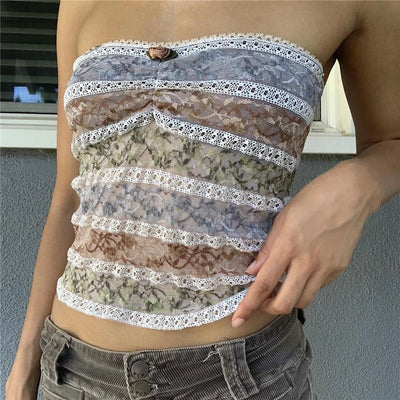 Xingqing y2k Off Shoulder Top Women Fairy Grunge Clothes Summer Sleeveless Lace Trim Patchwork Strapless Tshirt 2000s Streetwear