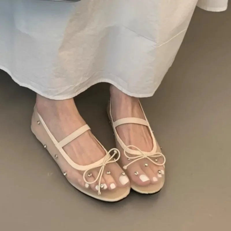 Fashion Women's Shoes 2025 Design Rhinestone Mesh Breathable Shallow Mouth Single Shoes Flat Ballet Elegant Bow Zapatos Mujer