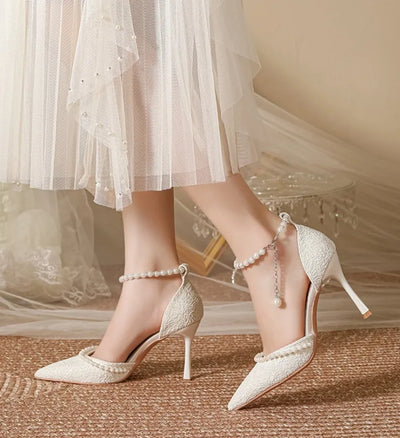High Heeled Shoes Women's 2025 Summer with A Thin Heel and Pointed Toe A Straight Cut Lace Surface White Pearl Bridal Shoe Women