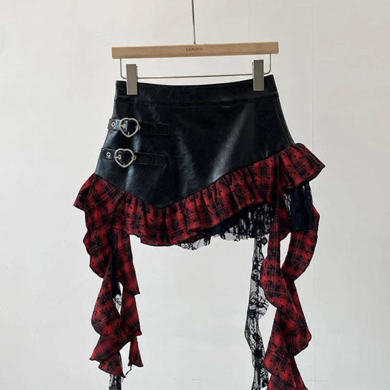 Faux Leather Mini Skirt with Plaid Ruffle Lace Trim Heart-Shape Buckle Asymmetrical Miniskirt Teen-girl e-girl Y2k Grunge Outfit