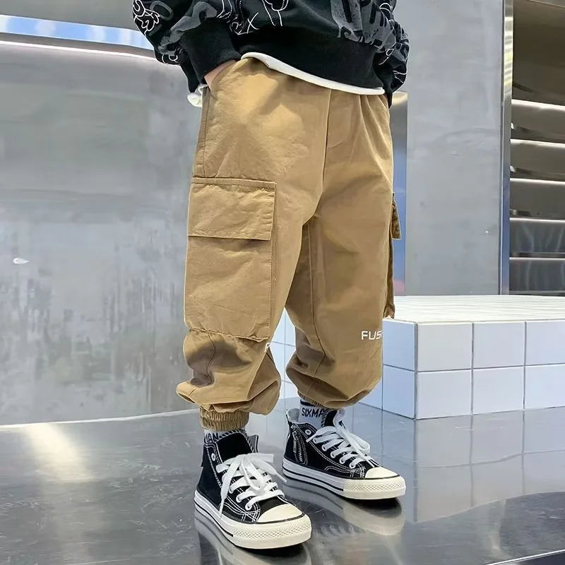2025 New Boys Cargo Pants Spring Autumn Casual Long Style Trousers Kids Joggers Children Sport Outdoor Pants 4-14 Years