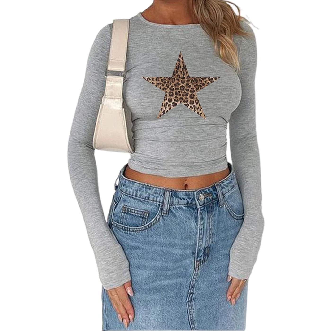 Women's Summer Slim Cropped Tops Leopard Star Print Long Sleeve Round Neck Show Navel T-Shirt